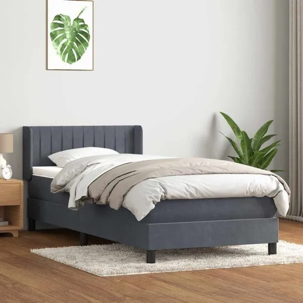 Pat box spring cu saltea, gri închis, 80×220 cm, catifea