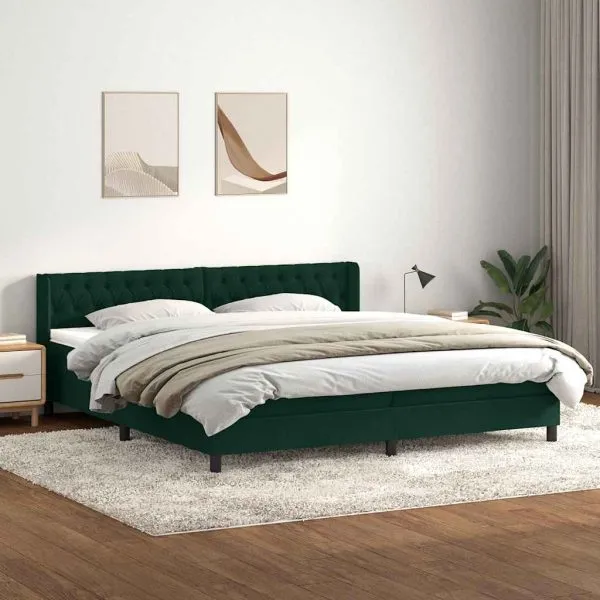 Pat box spring cu saltea, verde închis, 180×210 cm, catifea