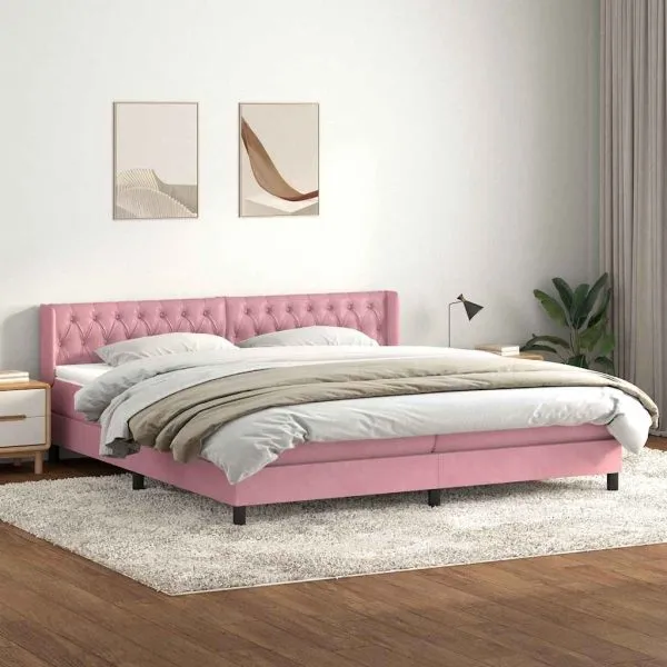 Pat box spring cu saltea, roz, 200×210 cm, catifea
