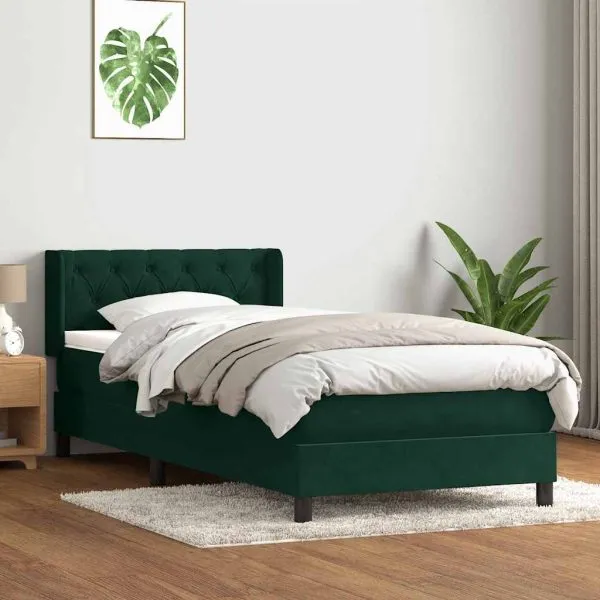 Pat box spring cu saltea, verde închis, 80×220 cm, catifea