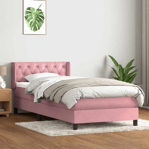 Pat box spring cu saltea, roz, 80×220 cm, catifea
