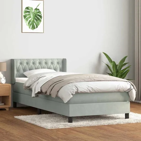 Pat box spring cu saltea, gri deschis, 100×220 cm, catifea