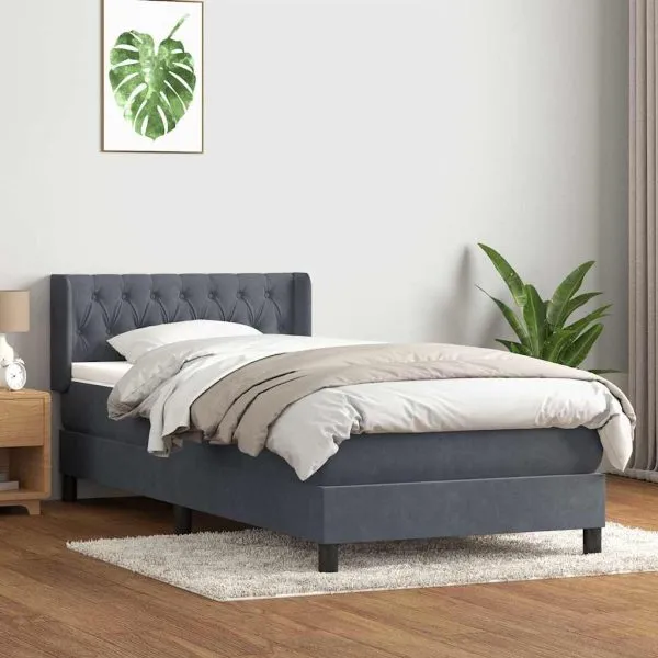 Pat box spring cu saltea, gri închis, 100×220 cm, catifea