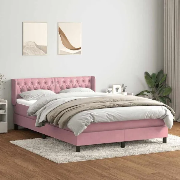 Pat box spring cu saltea, roz, 160×220 cm, catifea