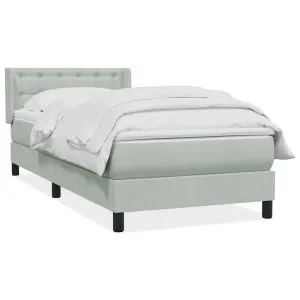 Pat box spring cu saltea, gri deschis, 90×220 cm, catifea