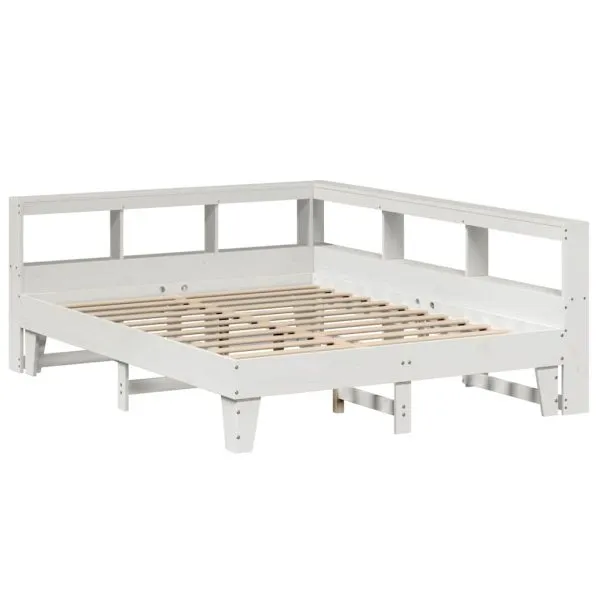 Pat cu bibliotecă fără saltea, alb, 140×200 cm, lemn masiv pin
