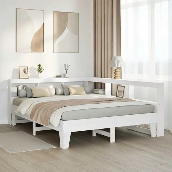 Pat cu bibliotecă fără saltea, alb, 140×200 cm, lemn masiv pin