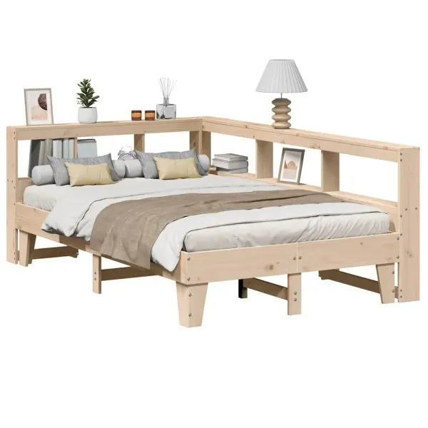 Pat cu bibliotecă fără saltea, 135×190 cm, lemn masiv de pin