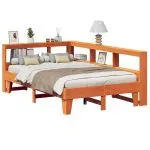Pat cu bibliotecă fără saltea, maro, 120×190 cm, lemn masiv pin