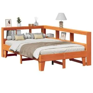Pat cu bibliotecă fără saltea, maro, 120×190 cm, lemn masiv pin