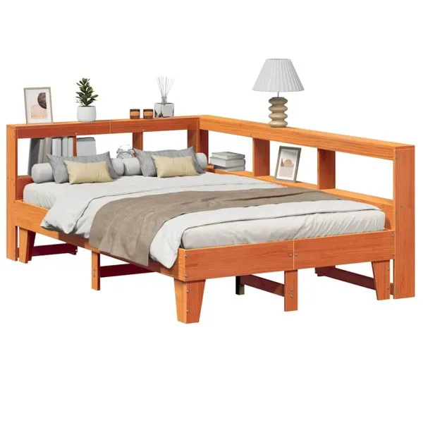 Pat cu bibliotecă fără saltea, maro, 120×190 cm, lemn masiv pin