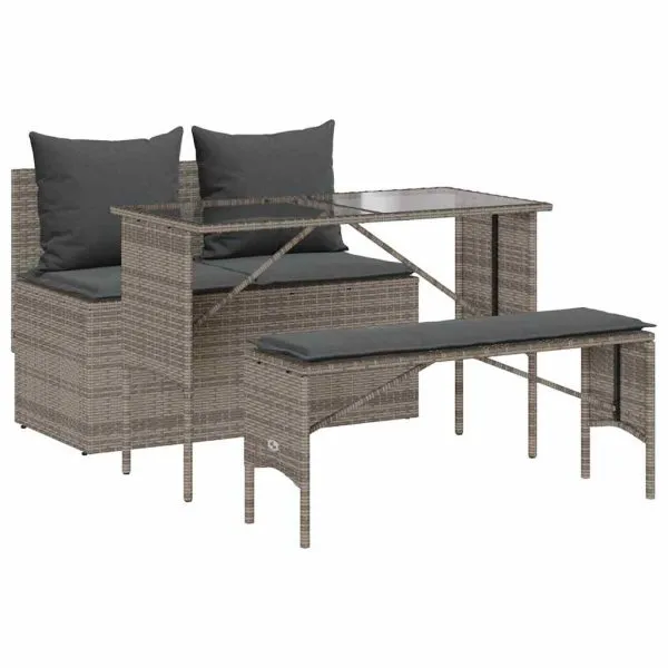 Set mobilier de grădină cu perne, 3 piese, gri, poliratan
