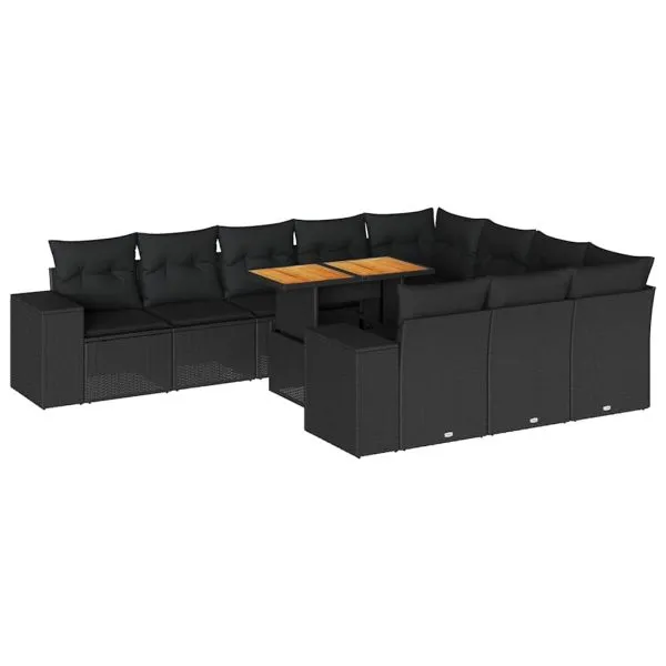 Set canapele de grădină cu perne, 10 piese, negru, poliratan