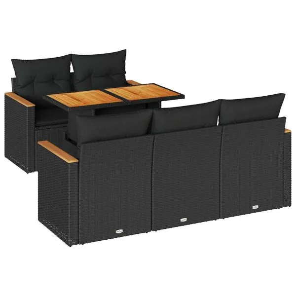 Set mobilier grădină perne 6 piese negru poliratan/lemn acacia