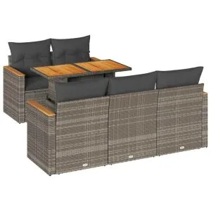 Set mobilier grădină cu perne 6 piese gri poliratan/lemn acacia