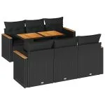 Set canapele grădină perne 7 piese negru, poliratan/lemn acacia