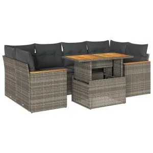 Set mobilier grădină cu perne 6 piese gri poliratan/lemn acacia