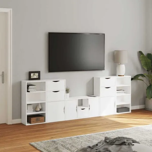 Unități TV 5 piese cu depozitare ODDA din lemn masiv de pin alb