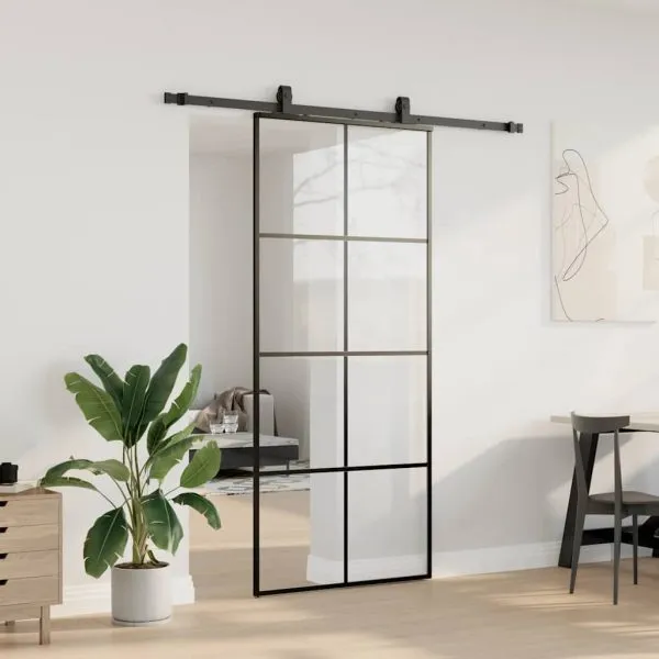 Ușă glisantă cu set de feronerie neagră 90×205 cm Sticlă ESG