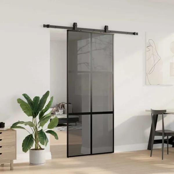 Ușă glisantă cu set feronerie neagră 90x205cm sticlă securizată