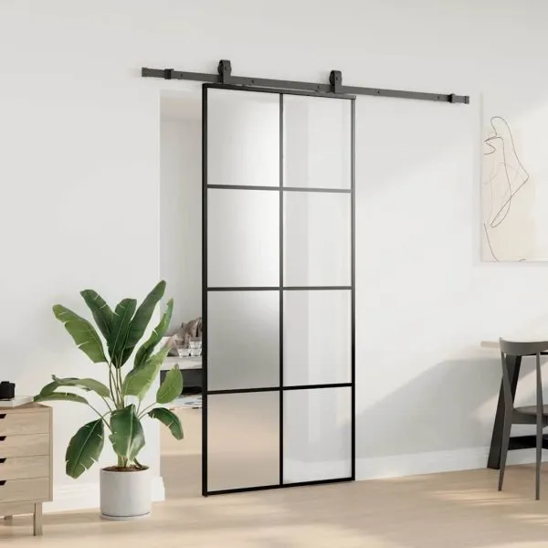 Ușă glisantă cu set de feronerie neagră 90×205 cm Sticlă ESG