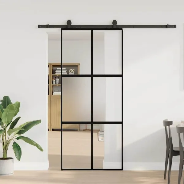 Ușă glisantă cu set feronerie neagră 90x205cm sticlă securizată