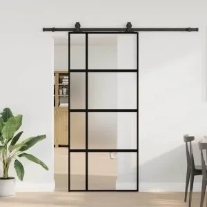 Ușă glisantă cu set feronerie neagră 90x205cm sticlă securizată