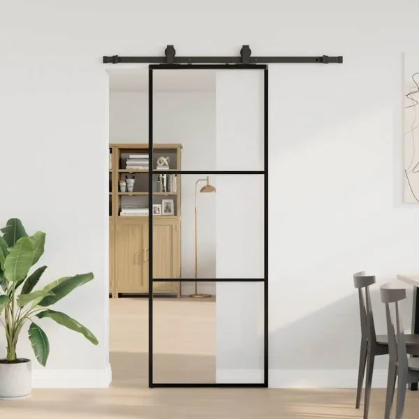 Ușă glisantă cu set de feronerie neagră 76×205 cm Sticlă ESG