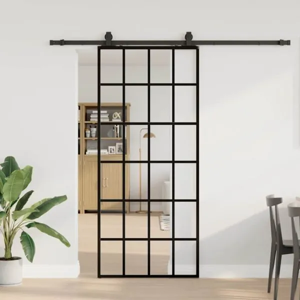 Ușă glisantă cu set de feronerie neagră 90×205 cm Sticlă ESG